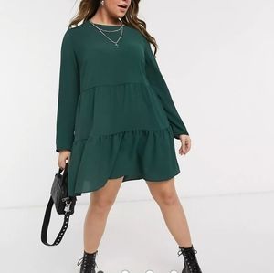 ASOS DESIGN Curve long sleeve tiered smock mini dress in green